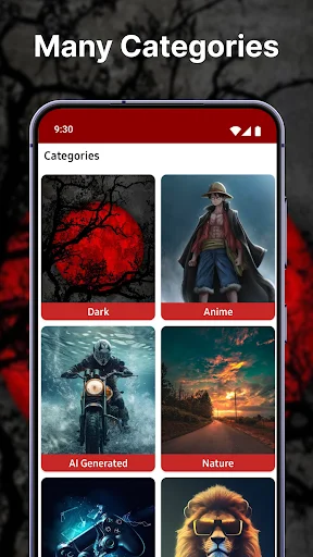 Wallpaper categories menu showing Dark, Anime, AI Generated, and Nature themes for video wallpaper selection