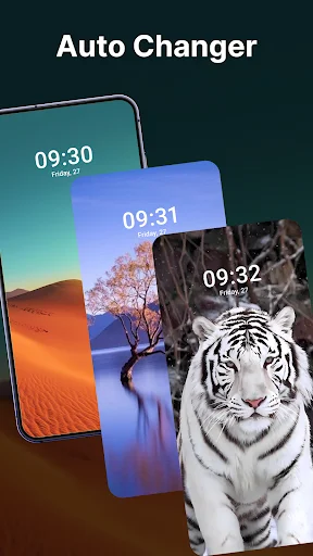 Auto Changer feature displaying three stacked phones with rotating video wallpapers that automatically change