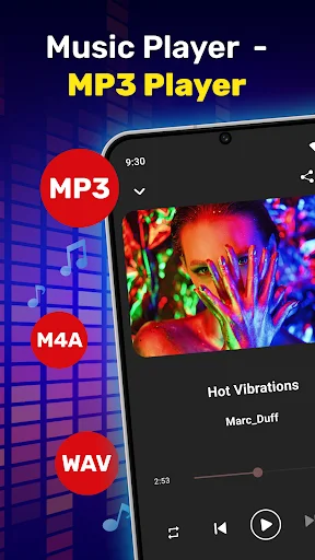 Music Player - MP3 Player app interface showing audio format icons (MP3, M4A, WAV) and now-playing screen for Hot Vibrations with playback controls