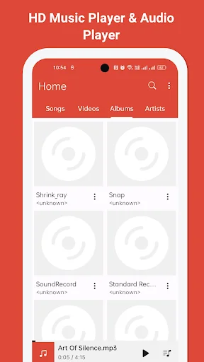 HD Music Player with grid layout of audio albums and SoundRecord files with unknown artist placeholders and music organization features