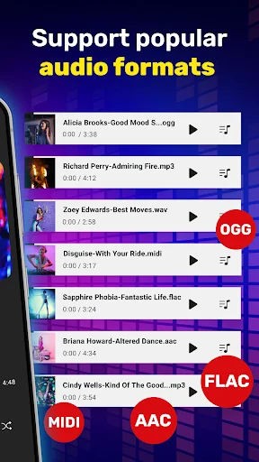 Music Player supporting popular audio formats including MP3, OGG, FLAC, AAC, and MIDI with songs list and play buttons for each track