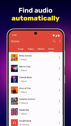 Music Player Home screen with Find Audio Automatically feature displaying artists gallery including Kerry Graves, Morris Clay, and Patrick Nash with album counts