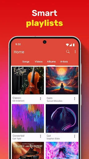 Smart Playlists feature in Music Player showing grid view of playlist collections like Classic, Calm, Connected, and Cut with album artwork