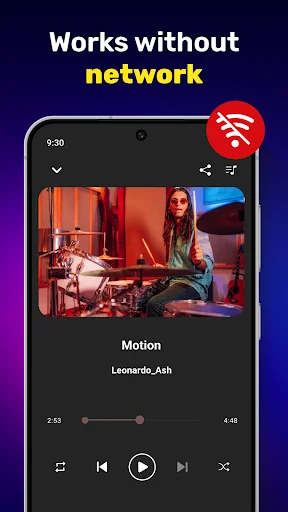 Offline Music Player showing Works Without Network capability playing Motion by Leonardo_Ash with no WiFi indicator and full playback controls
