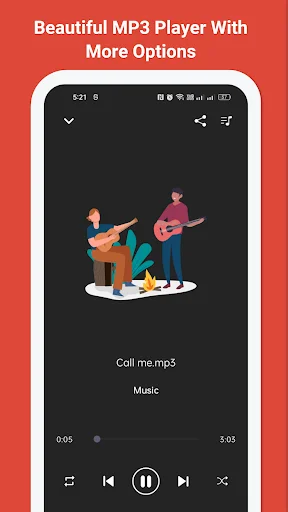 Beautiful MP3 Player interface showing now-playing screen for Call me.mp3 with music illustration and enhanced playback options for audio control