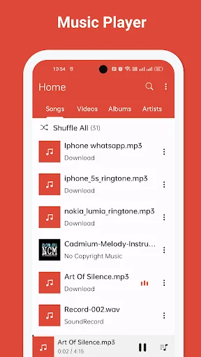 Music Player Home interface with Songs, Videos, Albums, and Artists tabs displaying downloaded tracks and copyright-free music library list