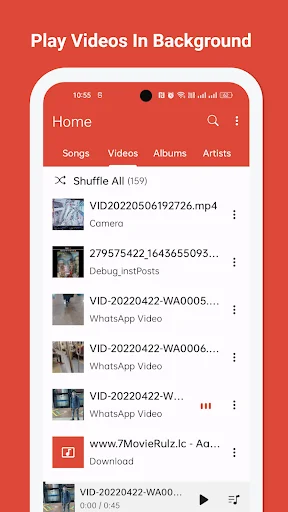 Play Videos In Background feature showing Videos tab with media files from Camera and WhatsApp with shuffle and playback controls available