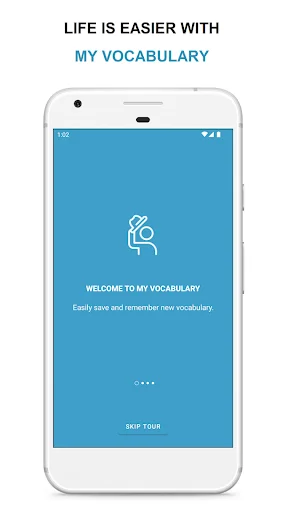 Welcome screen for English Vocabulary app with person icon and onboarding message to start learning daily words