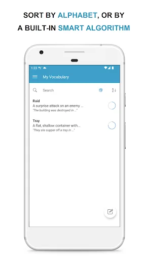 My Vocabulary word list view with search bar, alphabetical sorting, and smart algorithm filtering for saved words