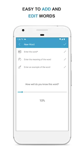 Add new word form with fields for entering vocabulary word, definition, example, and knowledge proficiency tracker