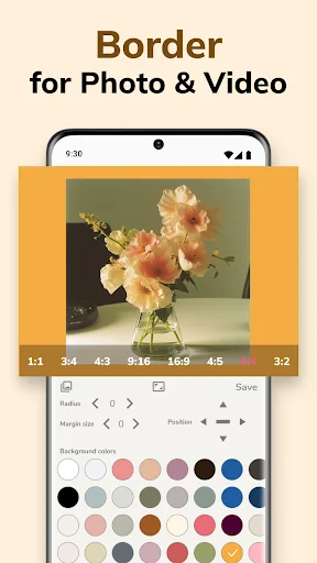 Border editing interface with flower photo in orange frame and color palette options for background customization