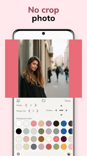 No crop photo feature showing portrait with adjustable pink borders, margin controls, and color palette selection