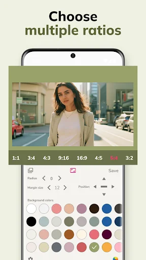 Multiple aspect ratio options for photo borders including 1:1, 3:4, 4:3, 9:16, 16:9, and custom DCP ratio selections