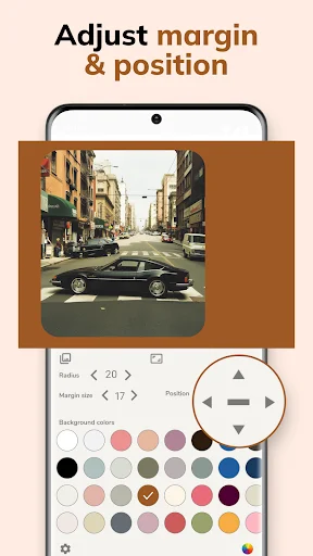 Adjust margin and position controls featuring positioning dial for precise photo border placement customization