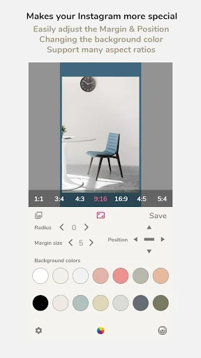 Instagram optimization interface with margin adjustment, extensive color palette, and multiple aspect ratio options