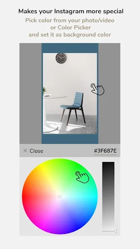 Color picker feature allowing custom color selection from photos and interactive color wheel for border customization