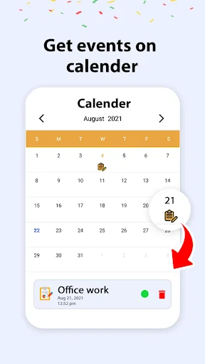 Calendar view showing August 2021 events with Office work scheduled and clickable dates for event management
