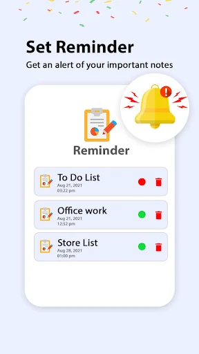 Reminders screen displaying notification alerts for multiple notes including To Do List, Office work, and Store List tasks