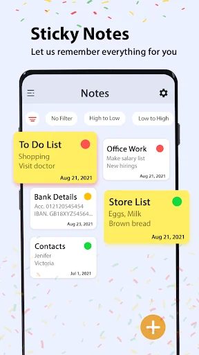 Notes list view with color-coded sticky notes, filter options, and multiple organized notes including To Do List and Contacts