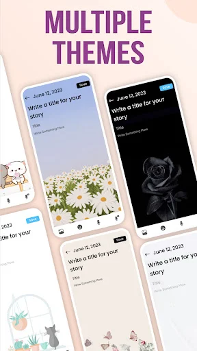 Multiple customizable diary themes showing different color schemes and decorative styles for journal entry personalization
