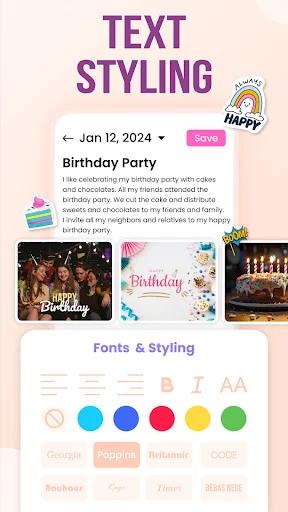 Text styling tools showing fonts, colors, and formatting options for customizing diary entry appearance and design