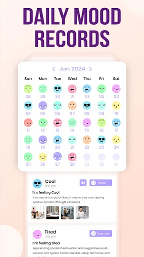 Daily mood tracker calendar with emoji indicators for each day and sample mood entries with descriptions and photos