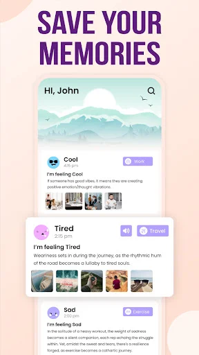 Memory diary interface with search function, personalized greeting, and mood-tagged entries with attached photos