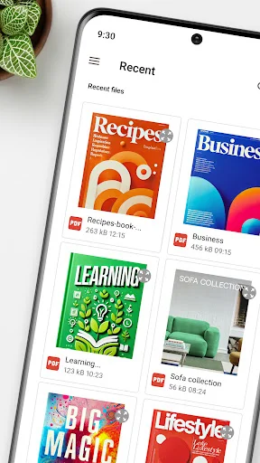 PDF Reader app recent files screen showing thumbnail previews of recent PDF documents including Recipes, Business, Learning materials, and lifestyle magazines