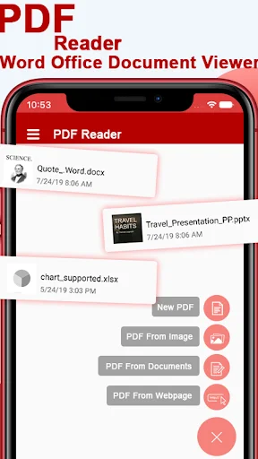 Word Office document viewer feature in PDF Reader app with options to convert Word docs, presentations, and images to PDF