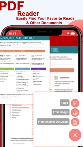 Document selection tool in PDF Reader app interface for finding favorite reads and organizing personal document library
