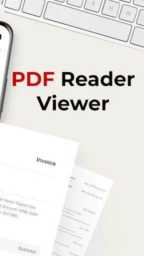 PDF Reader Viewer app branding with logo displayed above an invoice document next to a computer keyboard