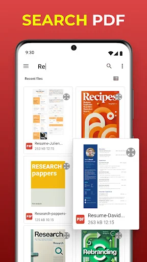 Search PDF feature in PDF Reader app interface showing search functionality to locate PDF documents among recent files