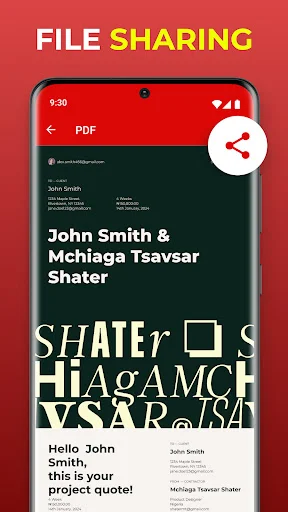 File sharing feature in PDF Reader app with document open and share button visible for sharing PDFs with others