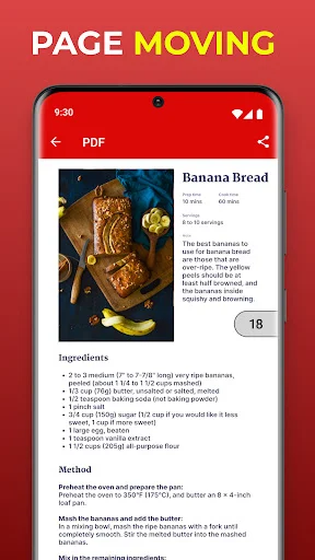 Page moving feature in PDF Reader app showing a recipe document with page navigation indicator displaying current page number