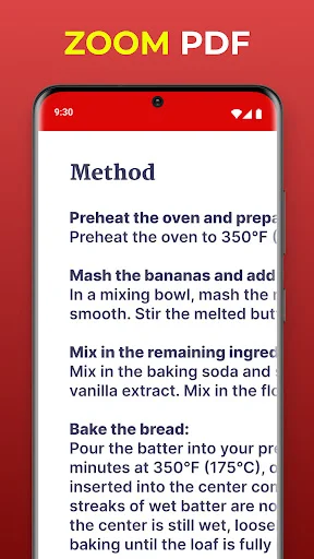 Zoom PDF feature in PDF Reader app displaying magnified text view of recipe method instructions in a document