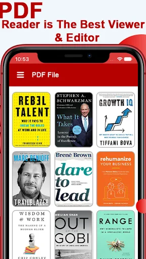 PDF Reader app interface showing grid of PDF book covers as the best viewer and editor for reading documents