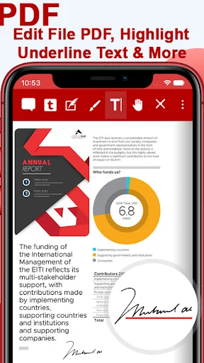PDF editing toolbar in PDF Reader app with tools for highlighting, underlining, and annotating text in PDF documents