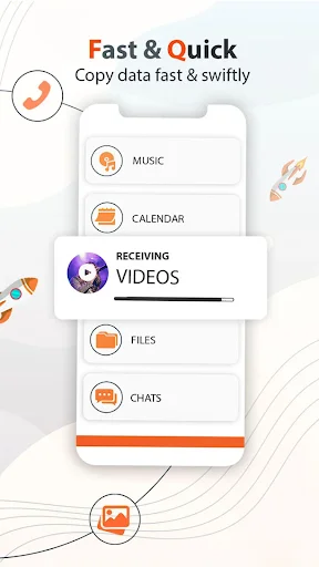 Fast & Quick screen showing Music, Calendar, Videos, Files, Chats data types for swift copying and transfer between devices