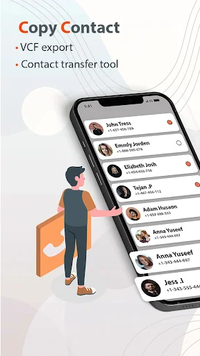Copy Contact feature with VCF export and contact transfer tool displaying list of contacts with names and phone numbers