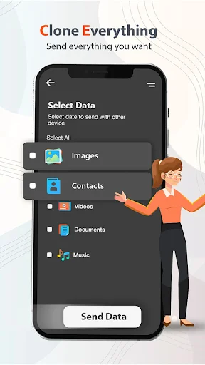 Clone Everything Select Data interface with checkboxes for choosing Images, Contacts, Videos, Documents, Music to transfer