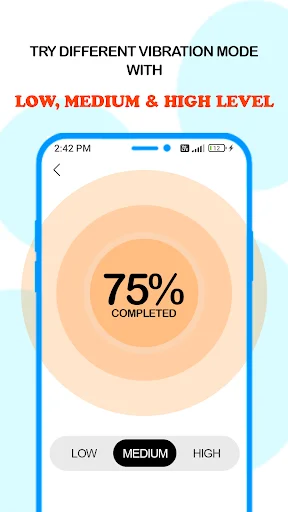 Speaker vibration cleaner showing 75% progress with Low, Medium, and High intensity modes for dust removal