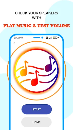 Speaker test interface displaying colorful music notes for testing phone volume and audio output quality