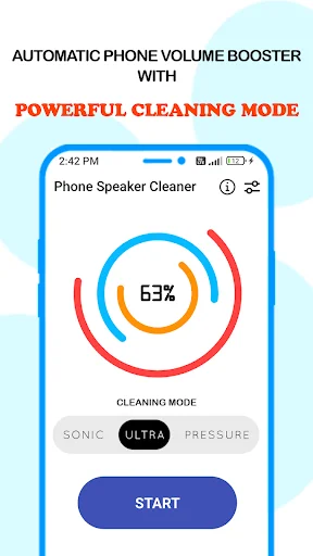 Phone Speaker Cleaner automatic cleaning mode displaying 63% progress with Sonic, Ultra, and Pressure options for volume boosting