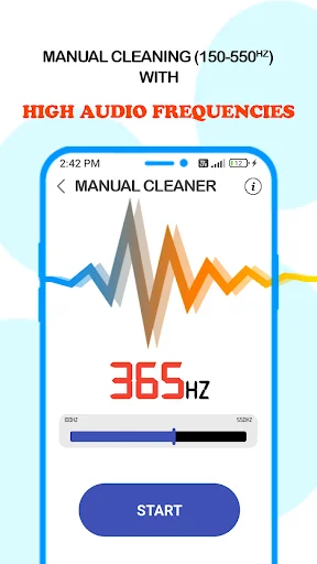 Manual frequency cleaner showing 365Hz waveform analysis for high-frequency speaker dust removal and audio cleaning
