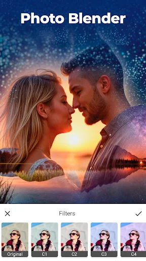 Photo Blender app showing double exposure portrait blend with sunset landscape effect and color filter options at bottom including original and multiple preset filters