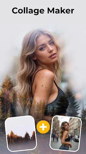 Collage Maker feature displaying double exposure portrait with forest landscape blend and customizable collage templates with photo frame options and add button