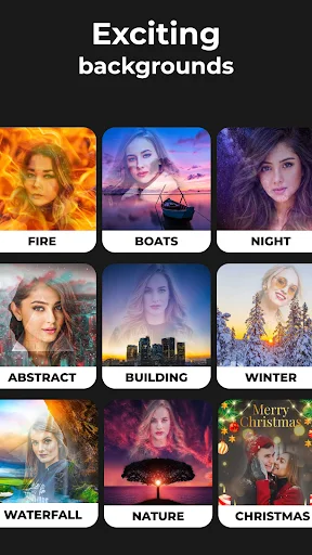 Exciting backgrounds grid showcasing nine double exposure effect templates including Fire, Boats, Night, Abstract, Building, Winter, Waterfall, Nature, and Christmas styles