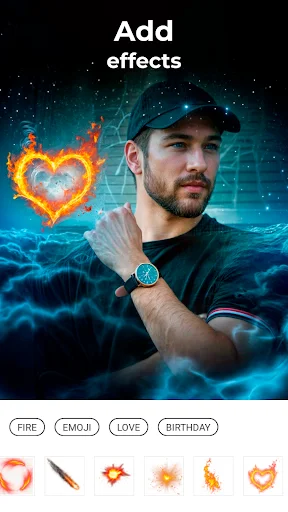 Add effects screen with portrait featuring fiery heart effect overlay, displaying effect option buttons for Fire, Emoji, Love, Birthday, and additional effect icons