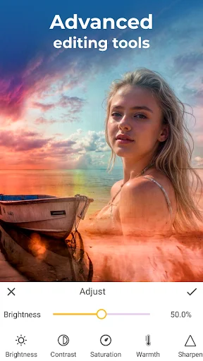 Advanced editing tools interface showing double exposure portrait with sunset beach blend and adjustment controls for Brightness, Contrast, Saturation, Warmth, and Sharpen