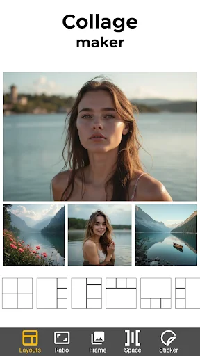 Collage maker layout screen displaying photo arrangement template with customizable options for Layouts, Ratio, Frame, Space, and Sticker placement settings